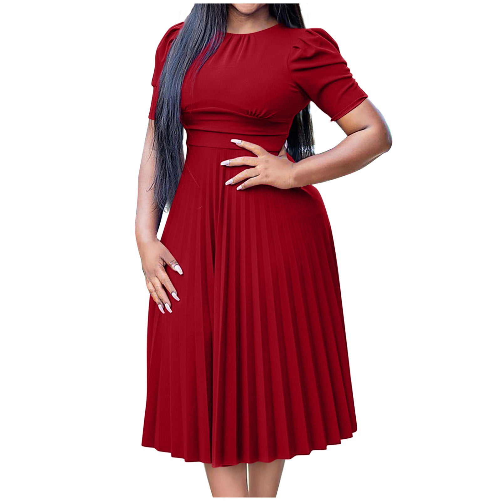 Womens Round Neck Short Sleeve Pleated Dress