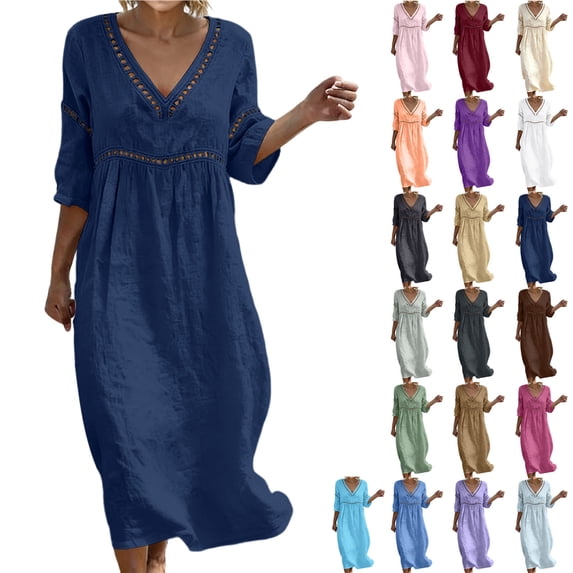 Dvprdro V Neck 3/4 Sleeve Cotton Linen Maxi Dress for Women Loose Fit Summer Vacation Solid