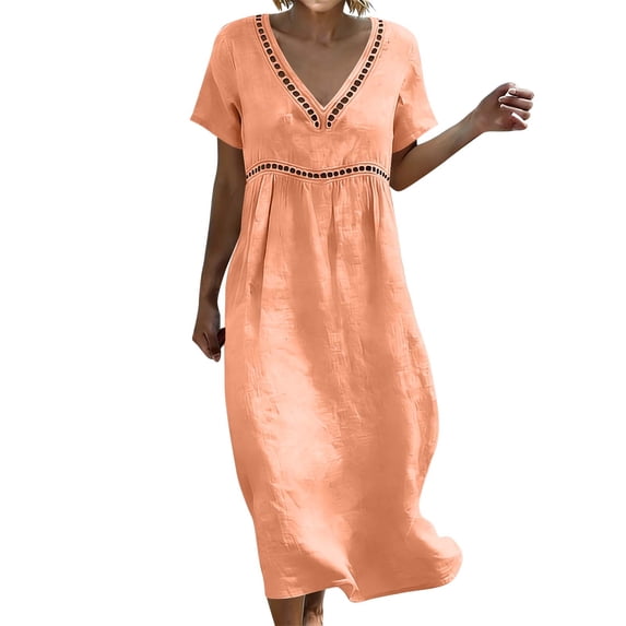 Dvprdro V Neck Cotton Linen Short Sleeve Tiered Maxi Dress for Women ...