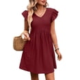 thumbnail image 1 of Dvprdro V Neck Short Flared Sleeve Ruffle Hem Loose A Line Mini Dress for Women Summer Beach Casual Solid, 1 of 7