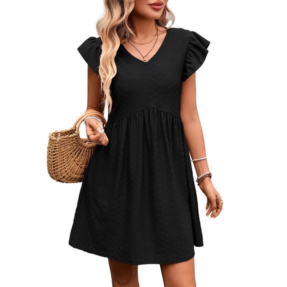 Dvprdro V Neck Short Flared Sleeve Ruffle Hem Loose A Line Mini Dress for Women Summer Beach Casual Solid