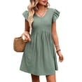 thumbnail image 1 of Dvprdro V Neck Short Flared Sleeve Ruffle Hem Loose A Line Mini Dress for Women Summer Beach Casual Solid, 1 of 7