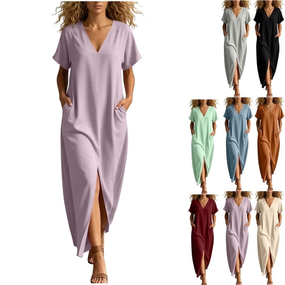 Dvprdro V Neck Short Sleeve Cotton Side Pockets Loose A Line Maxi Dress for Women Summer Beach Vacation Solid