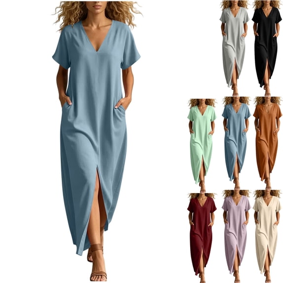 Dvprdro V Neck Short Sleeve Cotton Side Pockets Loose A Line Maxi Dress for Women Summer Beach Vacation Solid