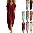 thumbnail image 1 of Dvprdro V Neck Short Sleeve Cotton Side Pockets Loose A Line Maxi Dress for Women Summer Beach Vacation Solid, 1 of 8