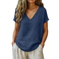 thumbnail image 1 of Dvprdro Women Blouse V Neck Short Sleeve Loose Linen Cotton Tunic Solid Casual Curved Hem Top, 1 of 5