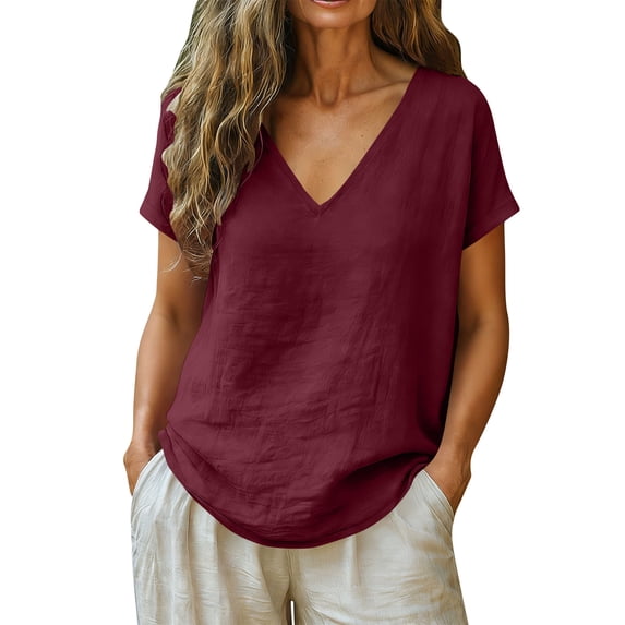 Dvprdro Women Blouse V Neck Short Sleeve Loose Linen Cotton Tunic Solid Casual Curved Hem Top