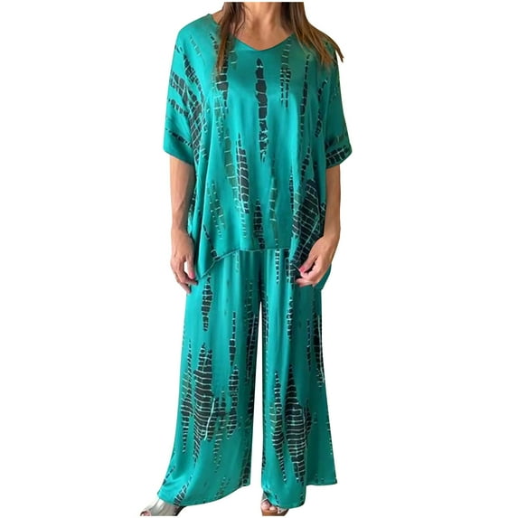 Dvprdro Women Casual 2 Piece Plus Size Outfits Trendy Floral Printed Elegant Flowy Suit Loose Fit Fashionable Solid Color Dressy Short Sleeve Tops and Wide Leg Pants Set