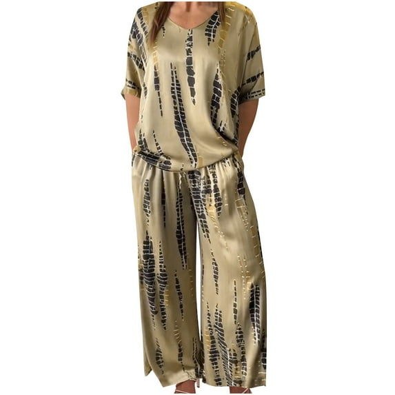 Dvprdro Women Casual 2 Piece Plus Size Outfits Trendy Floral Printed Elegant Flowy Suit Loose Fit Fashionable Solid Color Dressy Short Sleeve Tops and Wide Leg Pants Set