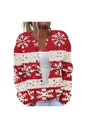 Women Christmas Print Sweaters Plus Size Button Down Cardigan Casual Long Sleeve Knit Sweater Coat Jackets for Women