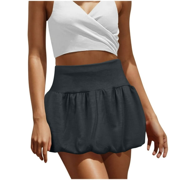 Dvprdro Women Mini Skirt Summer Fashion High Waist Puffy Short Skirt Casual Ruffle Flared A-Line Beach Skirt Black Sizes L