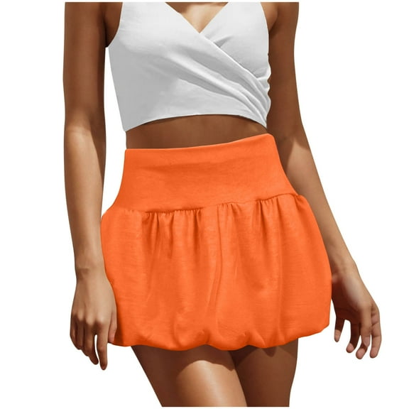 Dvprdro Women Mini Skirt Summer Fashion High Waist Puffy Short Skirt Casual Ruffle Flared A-Line Beach Skirt Orange Sizes L