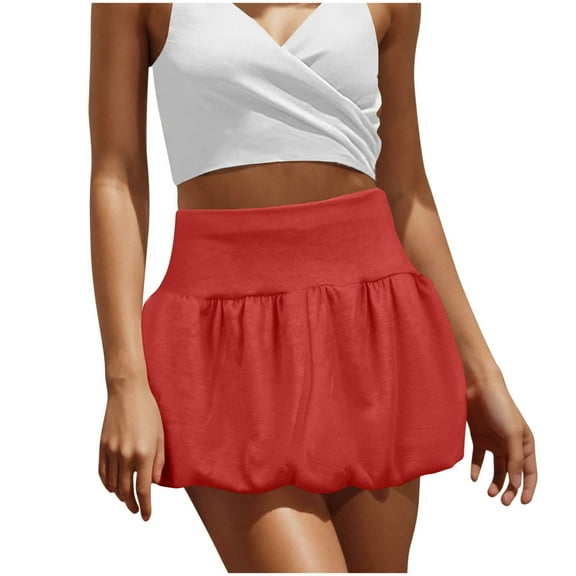 Dvprdro Women Mini Skirt Summer Fashion High Waist Puffy Short Skirt Casual Ruffle Flared A-Line Beach Skirt Red Sizes S