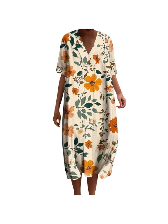Women Plus Size Imitation Cotton Linen Dress Summer Fashion Floral Printed V Neck Short Sleeve Flowy Boho Casual Loose Beach Sun Midi Dress