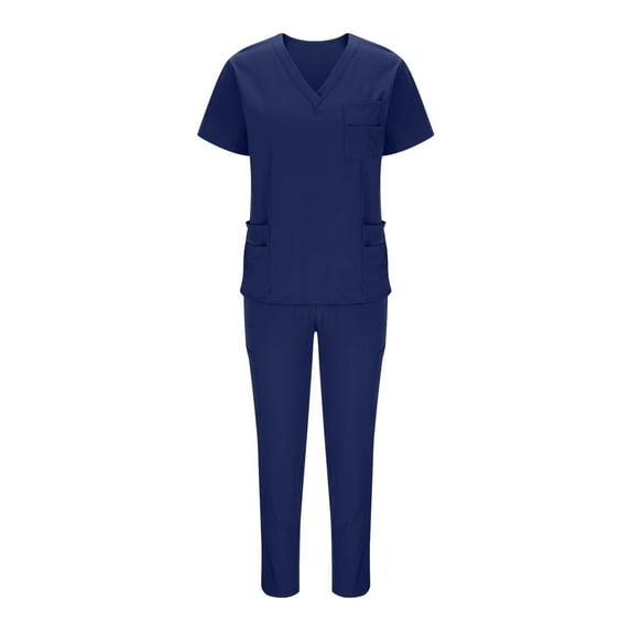 Dvprdro Women Scrubs Medical Uniform Set Solid Color Loose V Neck Short Sleeve Blouse Tops and Elastic Waist Straight Leg Pants with Pockets Suit Classic Stretch Nursing Uniform Set