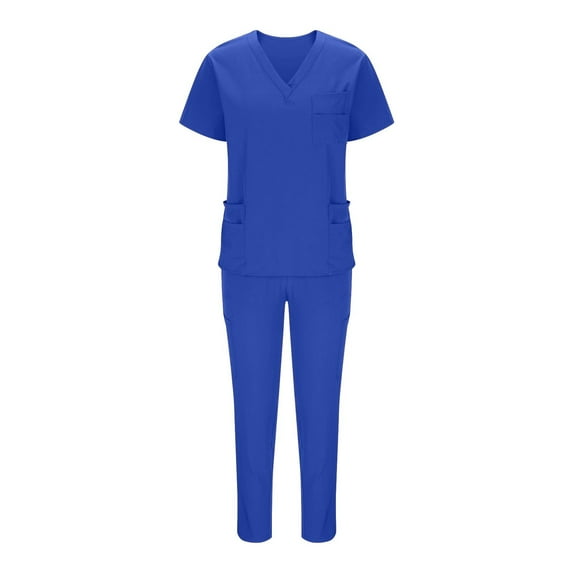 Dvprdro Women Scrubs Medical Uniform Set Solid Color Loose V Neck Short Sleeve Blouse Tops and Elastic Waist Straight Leg Pants with Pockets Suit Classic Stretch Nursing Uniform Set