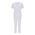 thumbnail image 1 of Dvprdro Women Scrubs Medical Uniform Set Solid Color Loose V Neck Short Sleeve Blouse Tops and Elastic Waist Straight Leg Pants with Pockets Suit Classic Stretch Nursing Uniform Set, 1 of 5