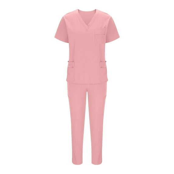 Dvprdro Women Scrubs Medical Uniform Set Solid Color Loose V Neck Short Sleeve Blouse Tops and Elastic Waist Straight Leg Pants with Pockets Suit Classic Stretch Nursing Uniform Set