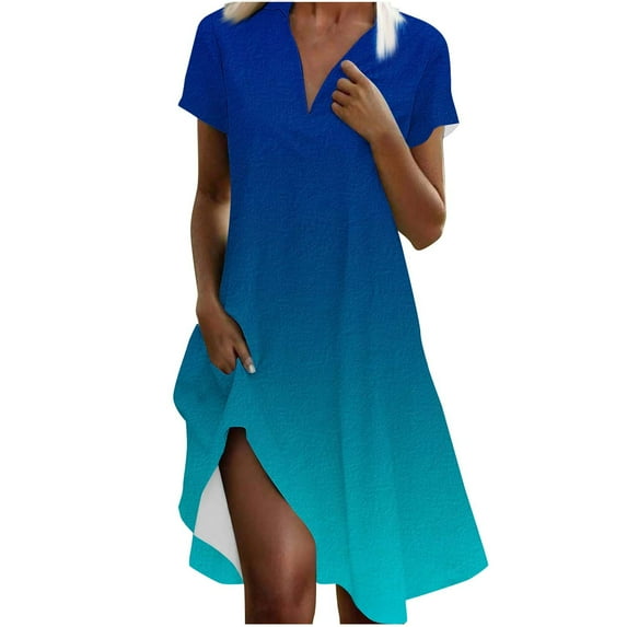Dvprdro Women Summer A Line Dress Fashion Gradient V Neck Short Sleeve Pleated Flowy Boho Casual Loose Beach Sun Midi Dress on Clearance
