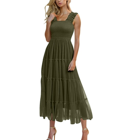 Dvprdro Women Summer Fashion Boho Solid Square Neck Sleeveless Casual Loose Beach Long Maxi Dess Tiered Ruffle Pleated Cocktail Party Dress