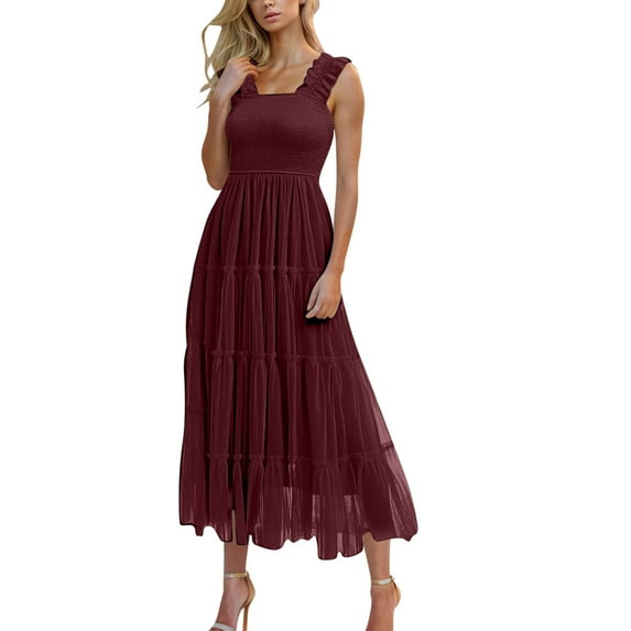 Dvprdro Women Summer Fashion Boho Solid Square Neck Sleeveless Casual Loose Beach Long Maxi Dess Tiered Ruffle Pleated Cocktail Party Dress