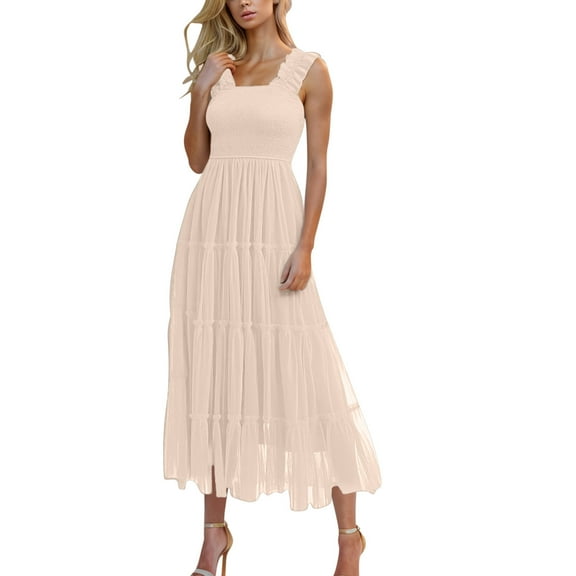 Dvprdro Women Summer Fashion Boho Solid Square Neck Sleeveless Casual Loose Beach Long Maxi Dess Tiered Ruffle Pleated Cocktail Party Dress