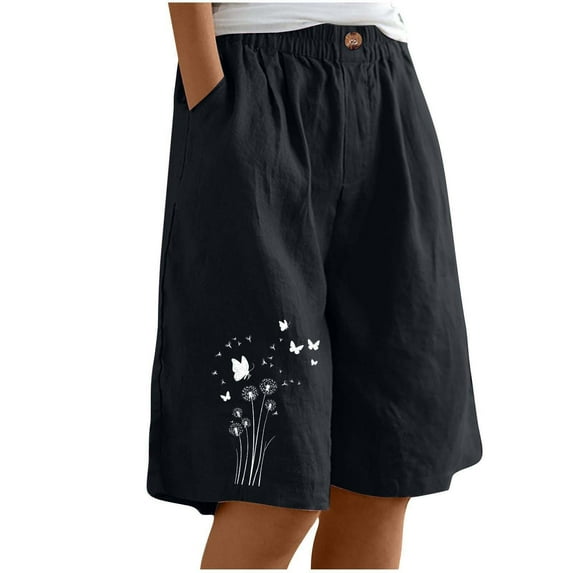 Dvprdro Women Summer Imitation Cotton Shorts Casual Loose Solid Floral Straight Leg Shorts with Pockets