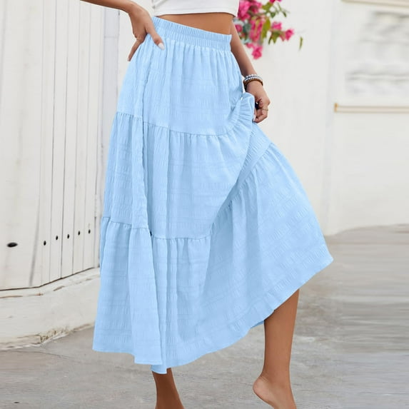 Dvprdro Women Summer Long Skirts Classic Solid Casual High Waist Flowy Maxi Skirt With Pockets Light Blue Sizes 2XL