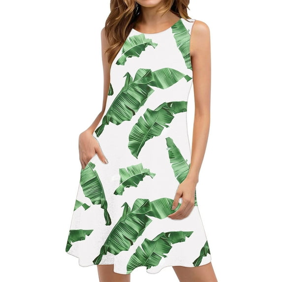 Dvprdro Women Summer Tank Dress Fashion Floral Printed Crew Neck Sleeveless Flowy Boho Casual Loose Beach Sun Mini Dress
