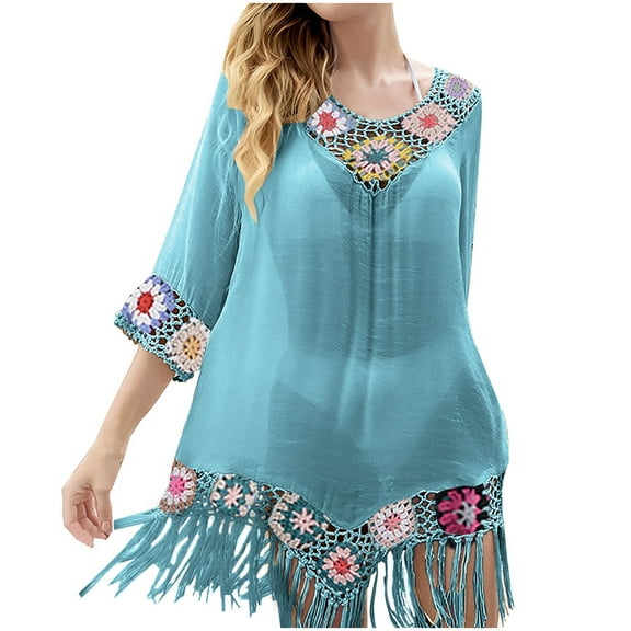 Dvprdro Women Sundress Summer Fashion Solid Crew Neck Short Sleeve Crocheted Trim Smock Casual Loose Boho Beach Sun Mini Dress