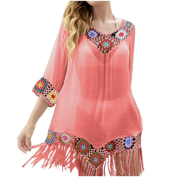 Dvprdro Women Sundress Summer Fashion Solid Crew Neck Short Sleeve Crocheted Trim Smock Casual Loose Boho Beach Sun Mini Dress