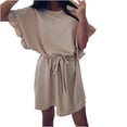 thumbnail image 1 of Dvprdro Women Sundress Summer Fashion Solid Crew Neck Short Sleeve Tiered Ruffle Belt Flowy Casual Loose Beach Mini Dress, 1 of 5