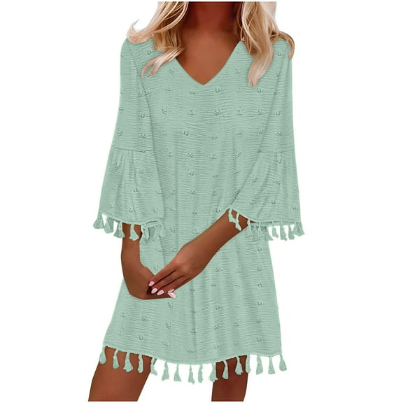 Dvprdro Women Sundress Summer Fashion Solid V Neck 3/4 Sleeve Pleated Flowy T-shirt Casual Loose Beach Mini Dress