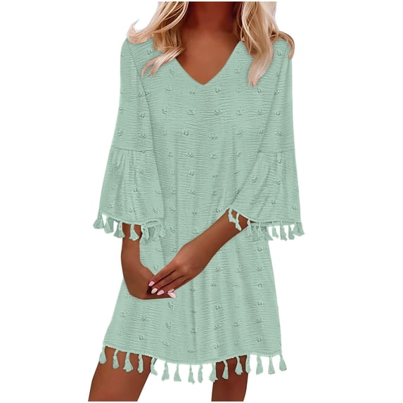 Dvprdro Women Sundress Summer Fashion Solid V Neck 3/4 Sleeve Pleated Flowy T-shirt Casual Loose Beach Mini Dress