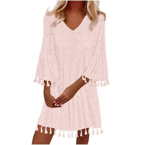 Dvprdro Women Sundress Summer Fashion Solid V Neck 3/4 Sleeve Pleated Flowy T-shirt Casual Loose Beach Mini Dress on Clearance