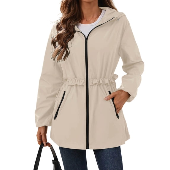 Dvprdro Women Water Resistant Zip Up Hooded Jacket Long Sleeve Ruffle Drawstring Waist Versatile Casual Outerwear with Zipper Side Pockets for Daily Outdoor Spring Autumn Wear