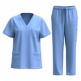 thumbnail image 1 of Dvprdro Women's 2 Piece Nursing Scrubs Set Uniform Solid Color V-Neck Pocket Tops with Elastic Drawstring Waist Long Pants Nurse Clothes Suit Medical Scrubs Top and Pants, 1 of 3