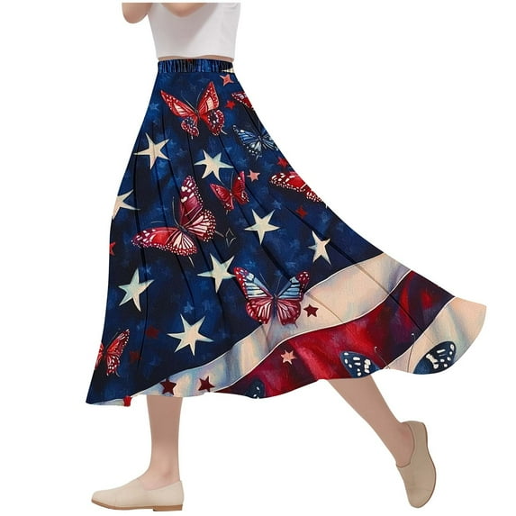 Dvprdro Women's 4th of July Print A-Line Skirt Independence Day Casual Loose Floral Print Elastic Waist Flared Swing Summer Skirt Blue Sizes 3XL