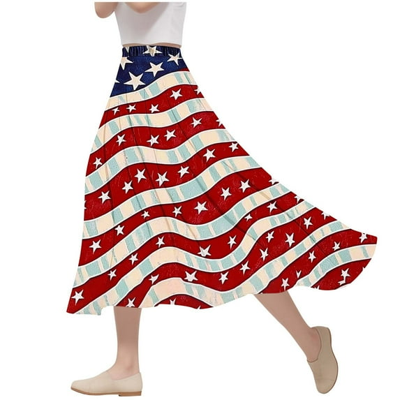 Dvprdro Women's 4th of July Print A-Line Skirt Independence Day Casual Loose Floral Print Elastic Waist Flared Swing Summer Skirt Red Sizes 2XL