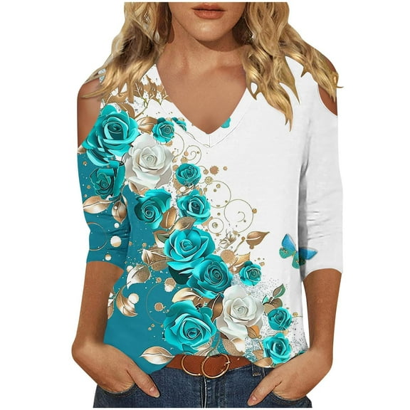 Dvprdro Women's Casual 3/4 Sleeve Off-Shoulder Tops Trendy Floral Printed V-Neck Cut Out Comfortable Stylish Tops for Women Green L