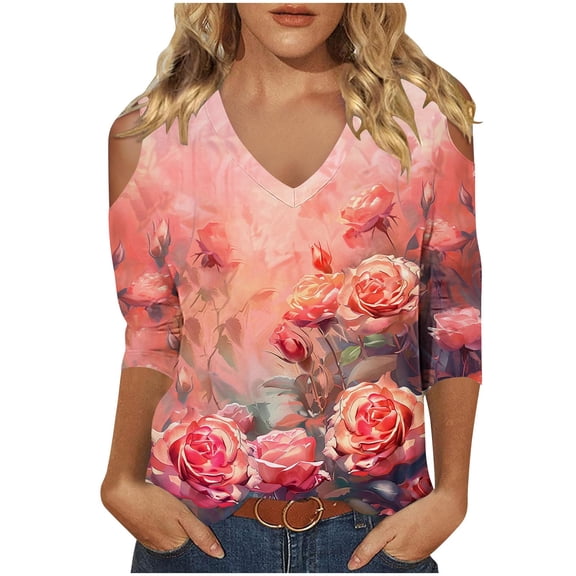 Dvprdro Women's Casual 3/4 Sleeve Off-Shoulder Tops Trendy Floral Printed V-Neck Cut Out Comfortable Stylish Tops for Women Hot Pink S
