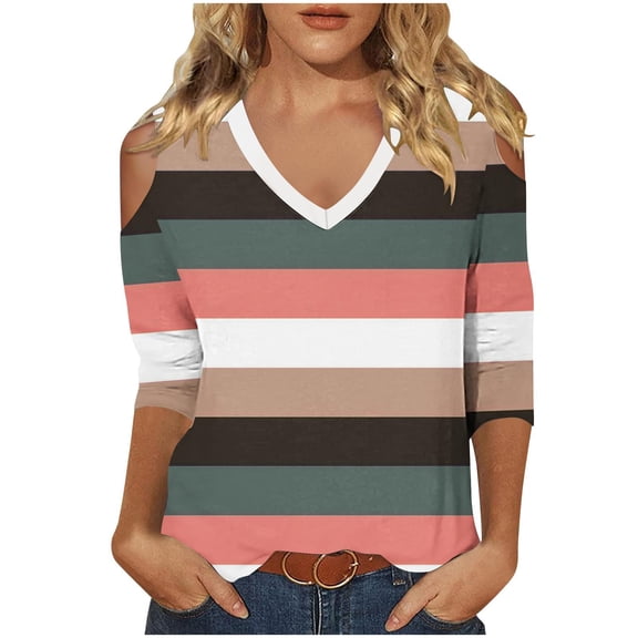 Dvprdro Women's Casual 3/4 Sleeve Off-Shoulder Tops Trendy Floral Printed V-Neck Cut Out Comfortable Stylish Tops for Women Orange L