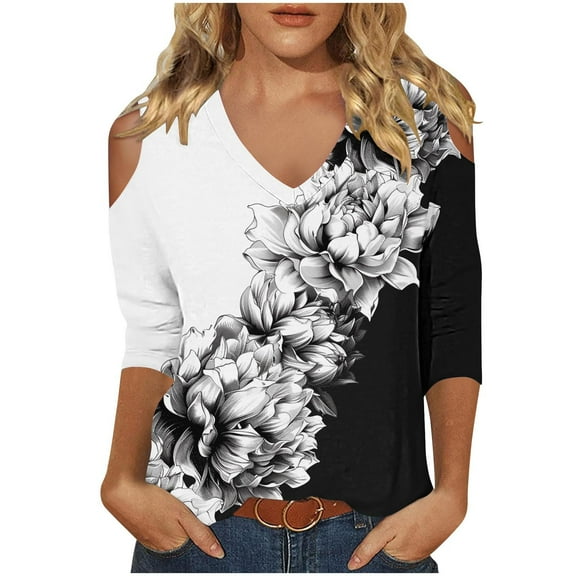 Dvprdro Women's Casual 3/4 Sleeve Off-Shoulder Tops Trendy Floral Printed V-Neck Cut Out Comfortable Stylish Tops for Women White 2XL