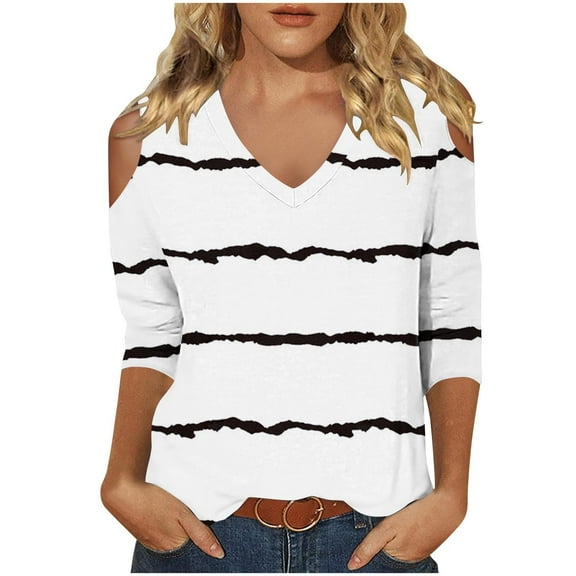 Dvprdro Women's Casual 3/4 Sleeve Off-Shoulder Tops Trendy Striped Printed V-Neck Cut Out Comfortable Stylish Tops for Women Whit S