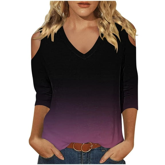 Dvprdro Women's Casual 3/4 Sleeve Off-Shoulder Tops Trendy V-Neck Cut Out Comfortable Stylish Gradient Color Tops for Women Dark Purple 2XL