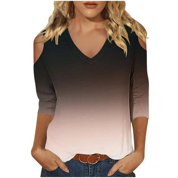Dvprdro Women's Casual 3/4 Sleeve Off-Shoulder Tops Trendy V-Neck Cut Out Comfortable Stylish Gradient Color Tops for Women Light Pink L