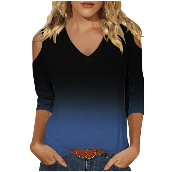 Dvprdro Women's Casual 3/4 Sleeve Off-Shoulder Tops Trendy V-Neck Cut Out Comfortable Stylish Gradient Color Tops for Women Navy L