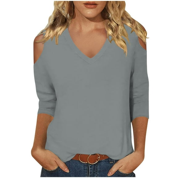 Dvprdro Women's Casual 3/4 Sleeve Off-Shoulder Tops Trendy V-Neck Solid Cut Out Comfortable Stylish Tops for Women Gray L