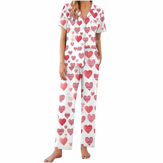 Dvprdro Women's Fashion Hearts Printed Sleepwear Pjs Set Valentine's Day Short Sleeve Top Long Pants Thin Pajamas Sets for Women