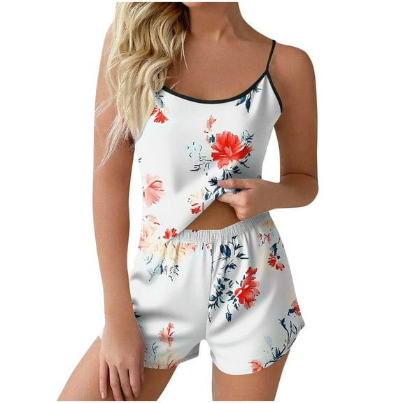 Dvprdro Women's Floral Print Pajama Set Soft Lounge Shorts Sleepwear Set Spaghetti Strap Top Breathable Sleepwear‌ Suit Comfortable Nightwear‌ Outfit‌